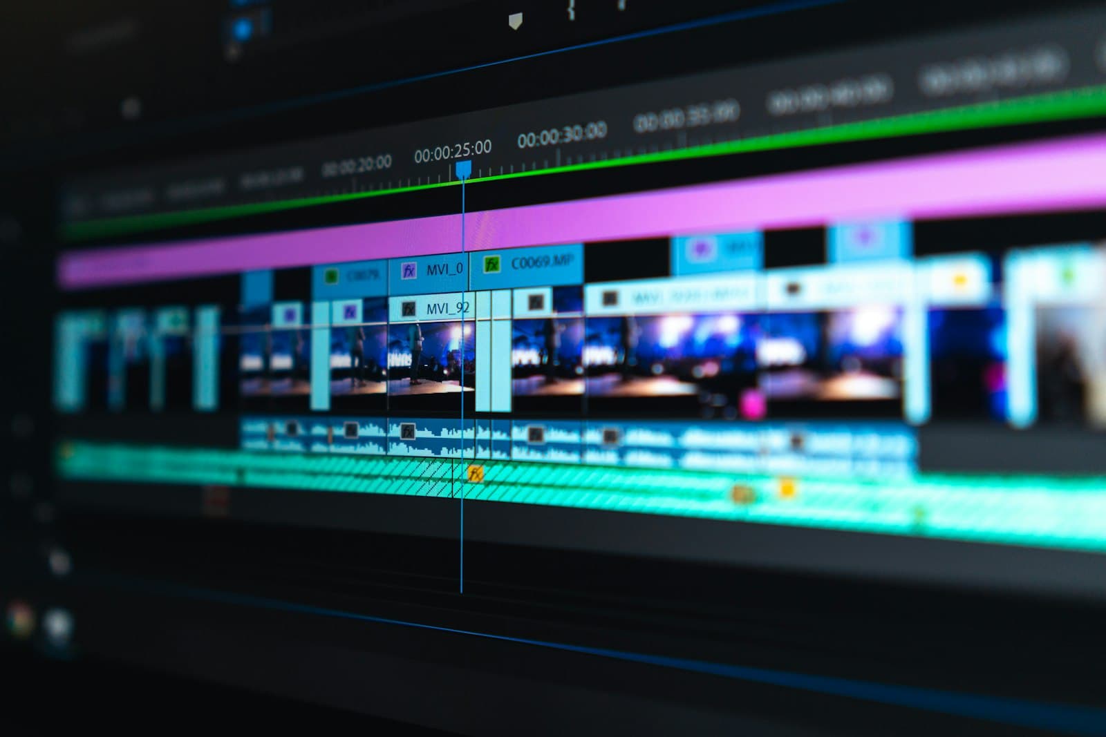 Video editing timeline of a UGC ad in progress, with purple and teal clips